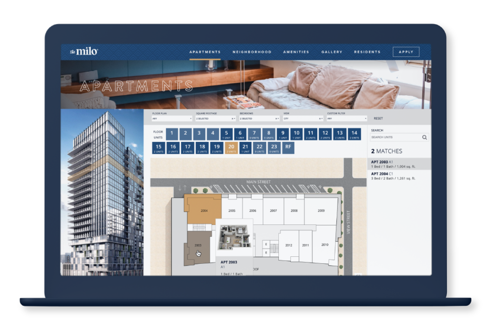 Laptop with website showing embedded Sight Map interface with interactive property map, floor picker, and floorplan details.