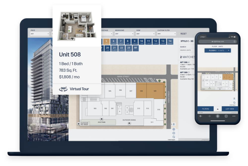Laptop and phone showing responsive Sight Map software interfaces with property map and floor plan details.