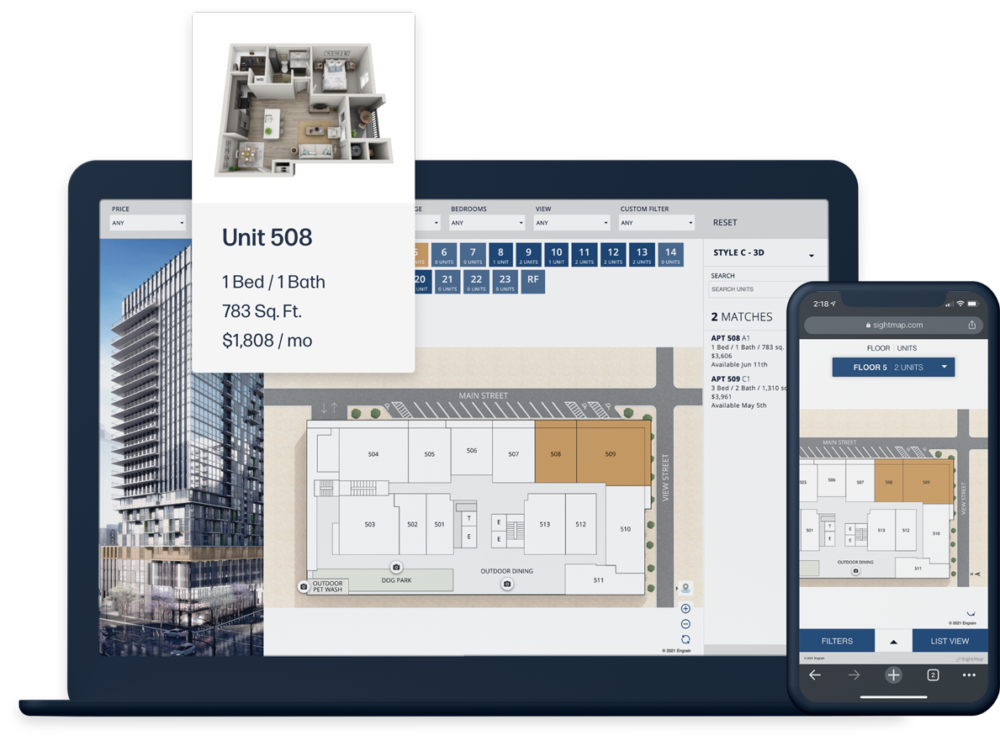 Laptop and phone showing responsive Sight Map software interfaces with property map and floor plan details.